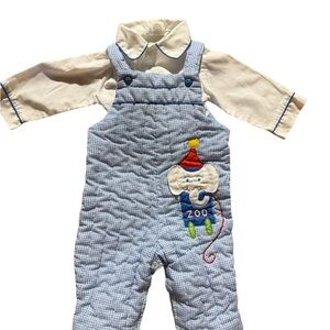 • VTG 70s 80s Gingham Quilted Overalls & Shirt Set 3-6M Elephant